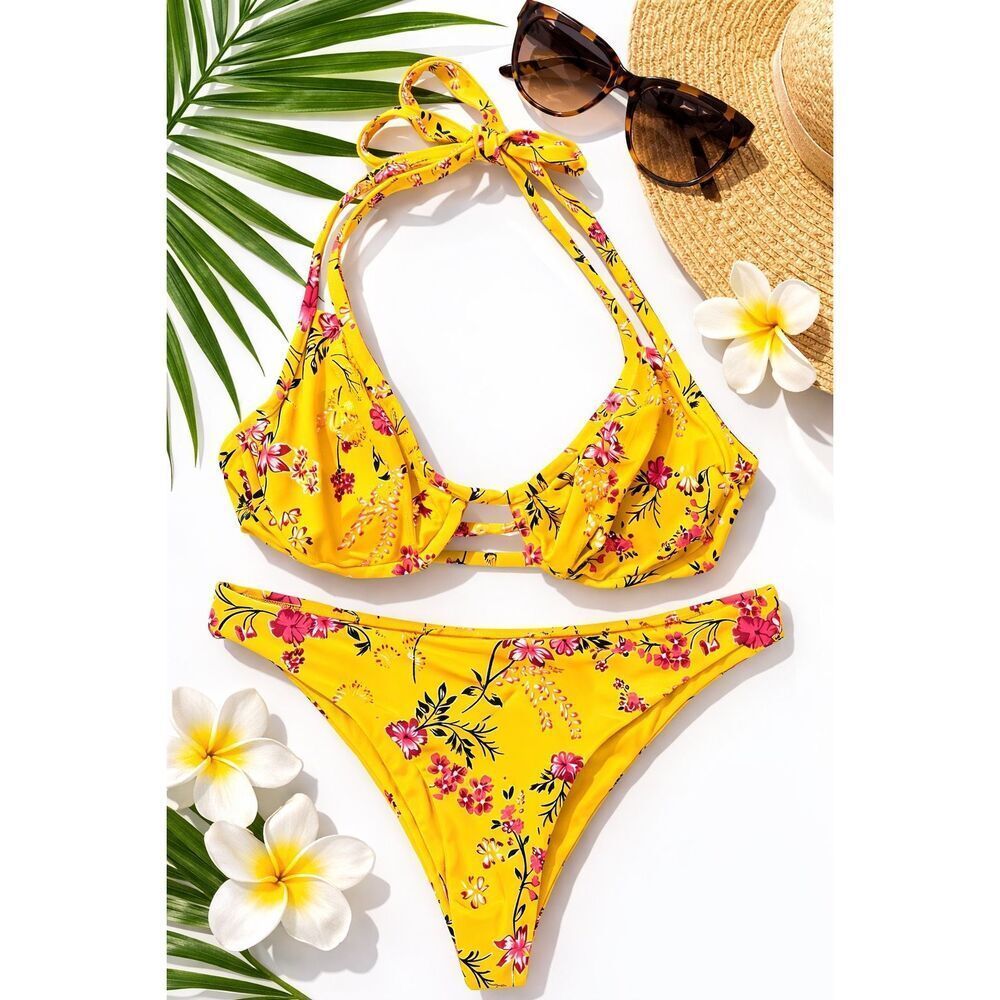 Birdsong Yellow Floral Bikini Set Underwire Halter Top 36D Bottom L